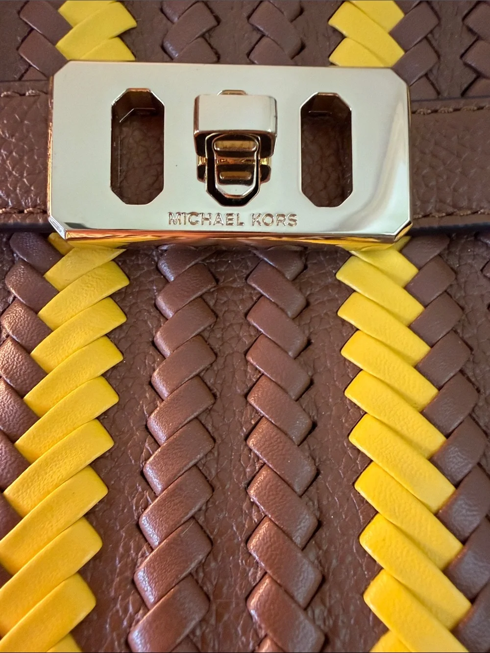 Michael Kors Brown Handbag with Yellow Woven Stripes